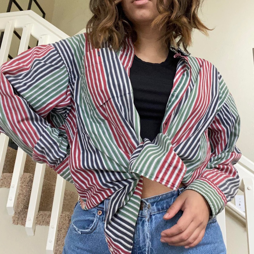 Multicolored rainbow color blocked button down dress shirt 🌈
